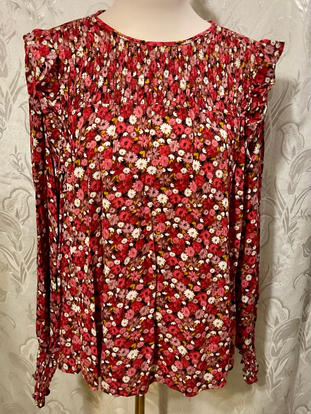 Knox Rose Red Floral Ruffle-shoulder Long Sleeve Blouse